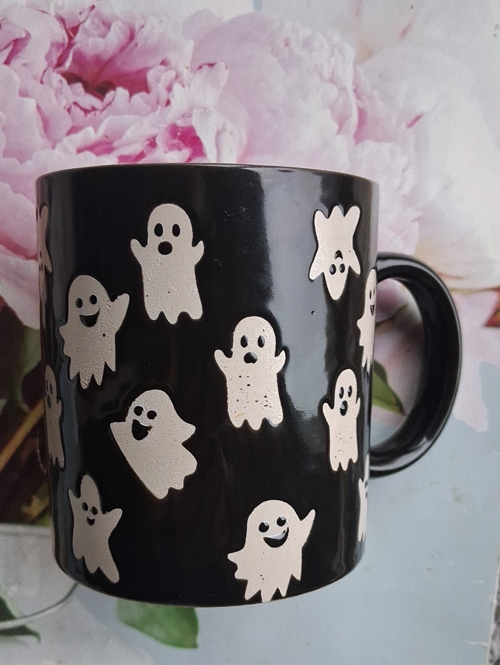 Black Halloween Ceramic Mug with White Ghost Pattern -
